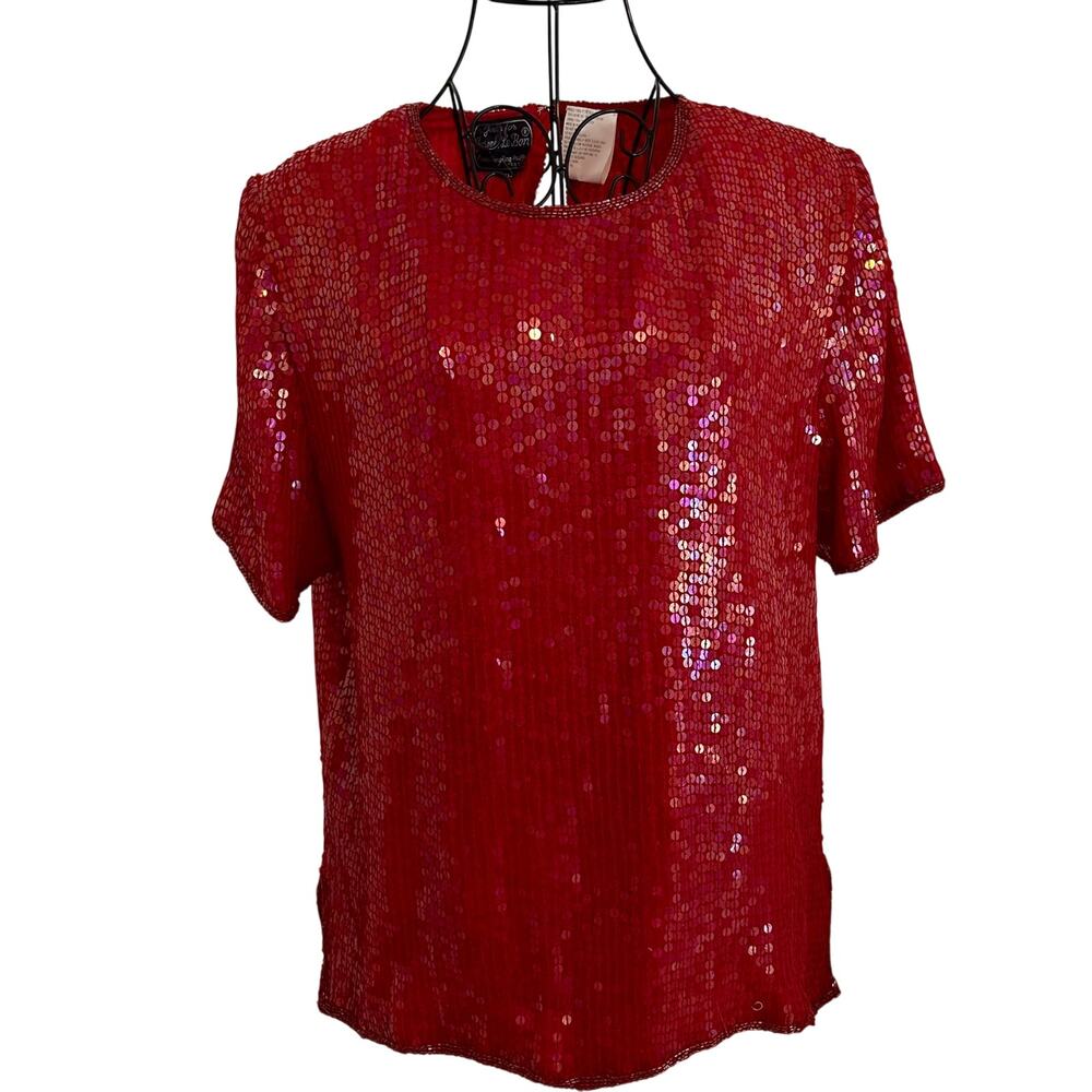 NWT Vintage Joseph Le Bon Red 100% Silk Sequined Beaded Top Blouse Glam Sparkly